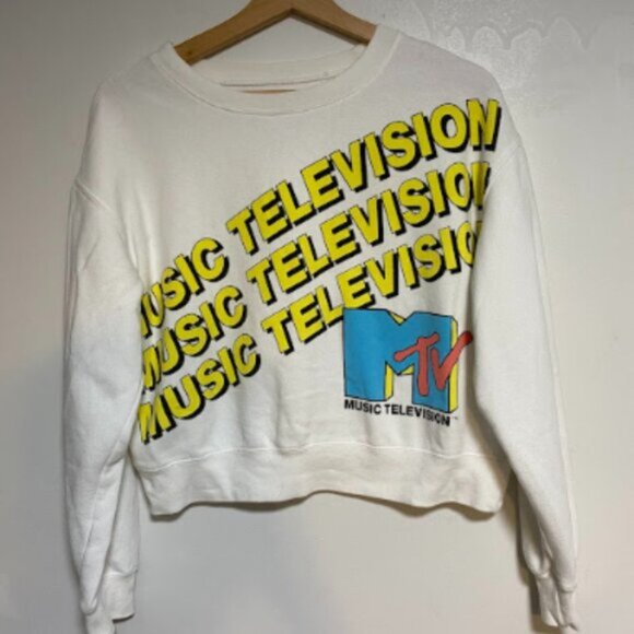 Viacom 2019 MTV Music Television Cropped Women's White Sweatshirt Size Large - Picture 2 of 9
